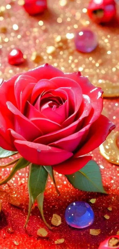 A vibrant red rose with colorful gems and golden sparkles.