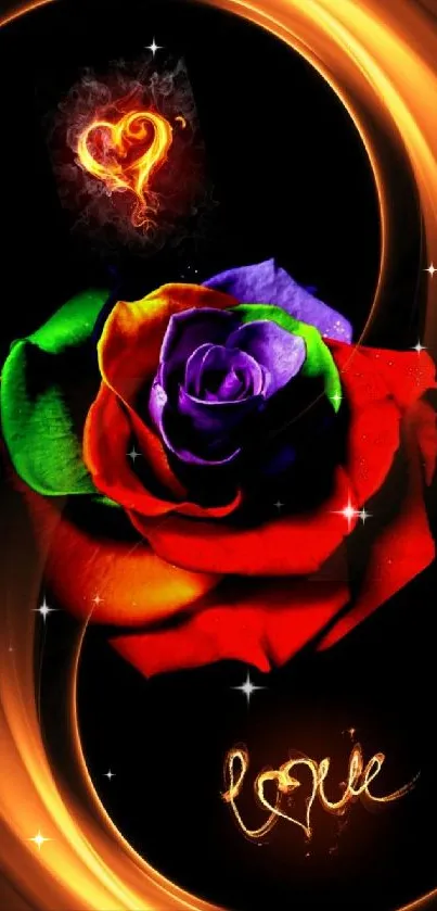 Colorful rose with a glowing heart and swirling light.