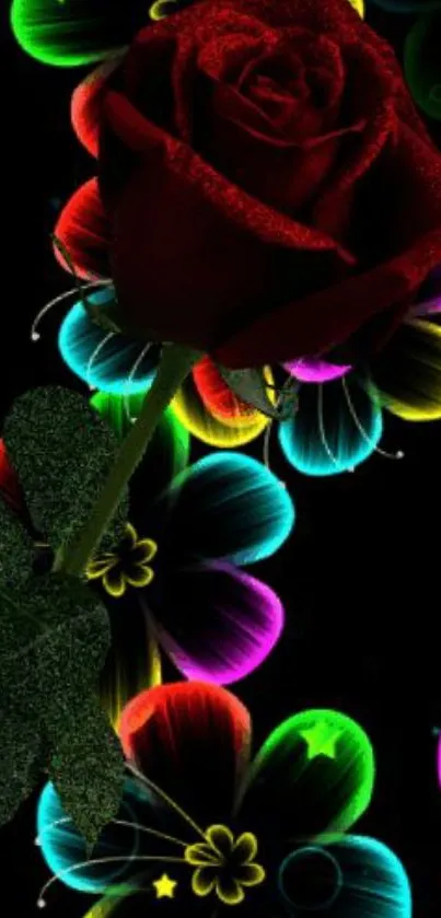 Red rose with neon flowers wallpaper, colorful and vibrant design.