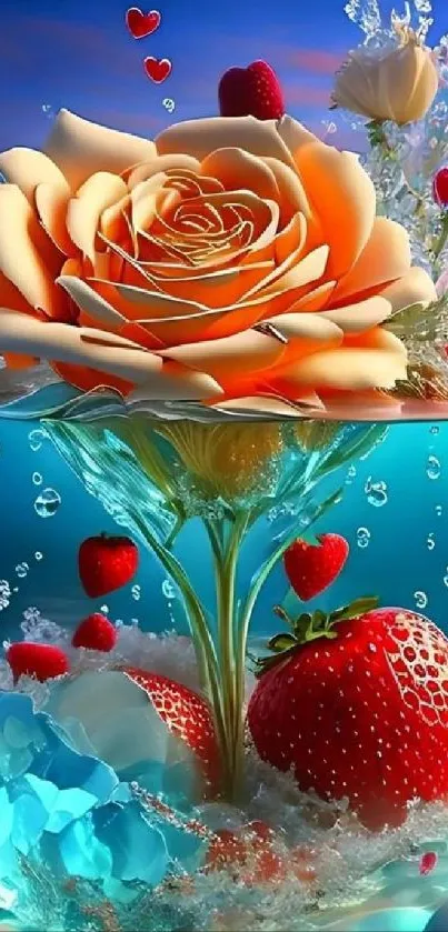 Vibrant rose in blue ocean with strawberries and artistic flair.