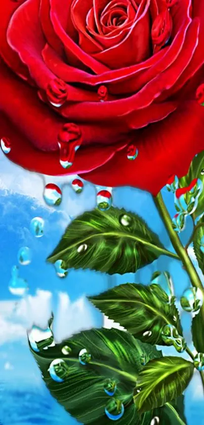 Vibrant red rose with water drops against a blue sky.