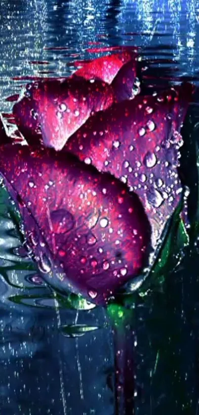 Vibrant rose with water reflections and droplets wallpaper.