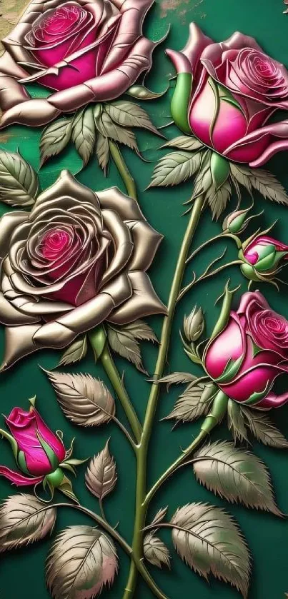 Intricate pink rose design on green background wallpaper.