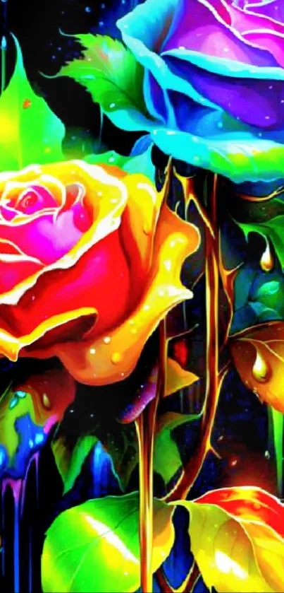 Vibrant mobile wallpaper with colorful roses and dripping paint.