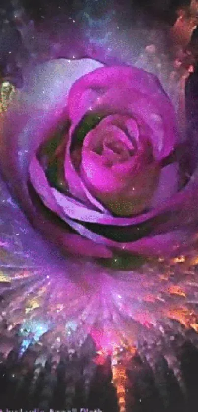 Vibrant digital art of a purple rose with colorful explosion effect.