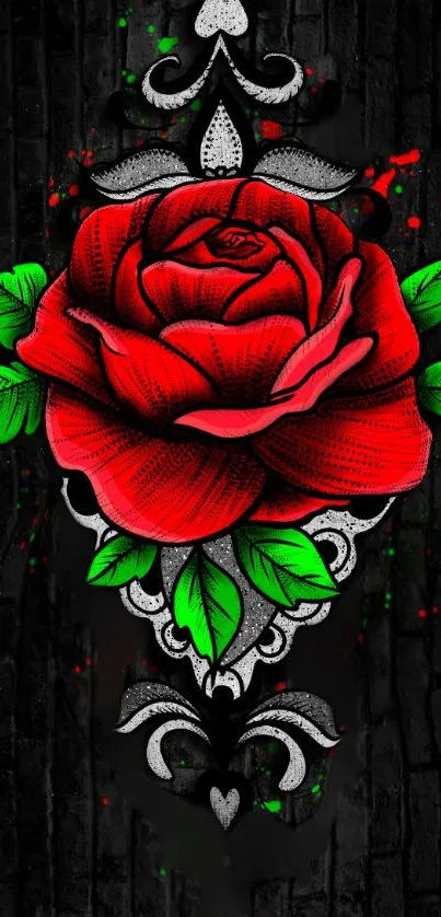 Bold red rose with green leaves on black background.