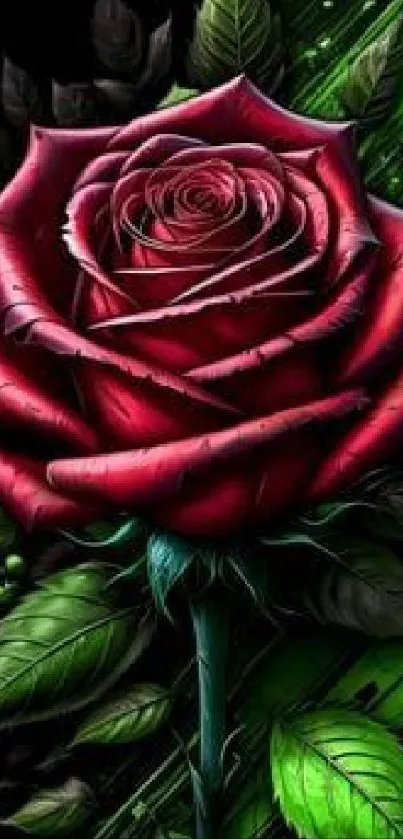 Vibrant red rose with green leaves on black wallpaper background.