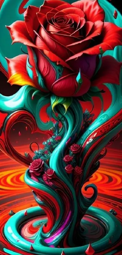 Surreal mobile wallpaper with vibrant rose artwork.