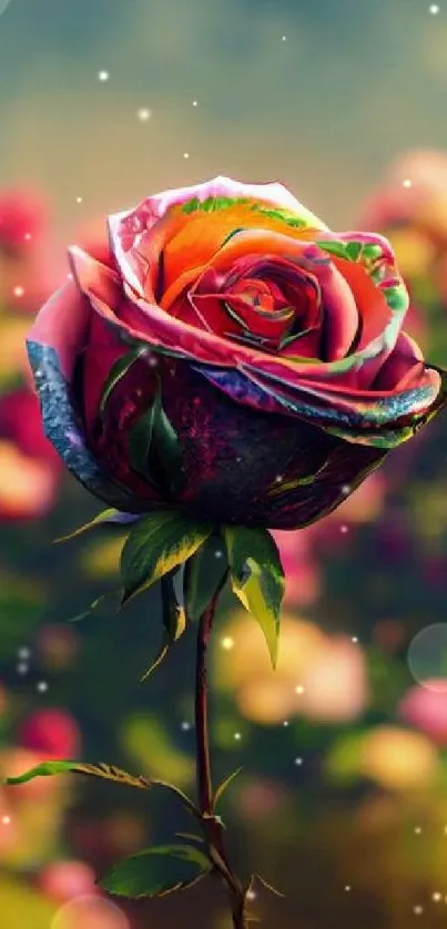 Vibrant multicolored rose with dreamy background