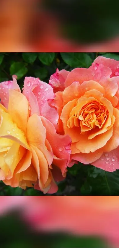 Vibrant orange and pink roses with dewdrops, creating a stunning floral wallpaper.