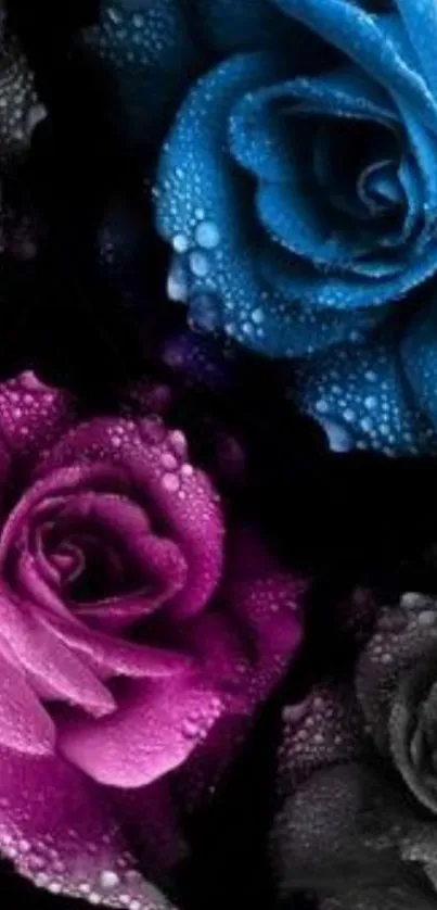 Blue, purple, and black roses with water droplets on a dark background.