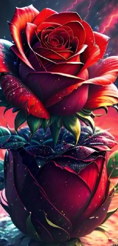 Digital art of vibrant red roses with a stunning background.