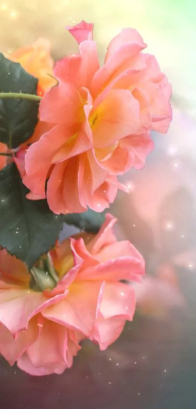 Vibrant pink roses with lush leaves on a soft gradient background.