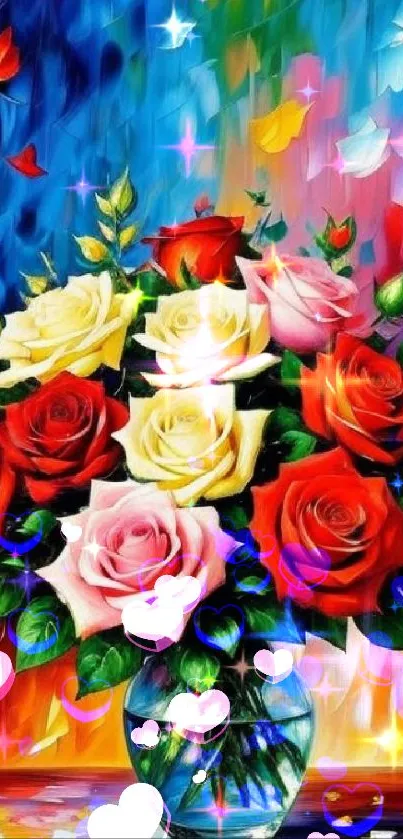 Vibrant artwork of a colorful rose bouquet in a glass vase with butterflies.