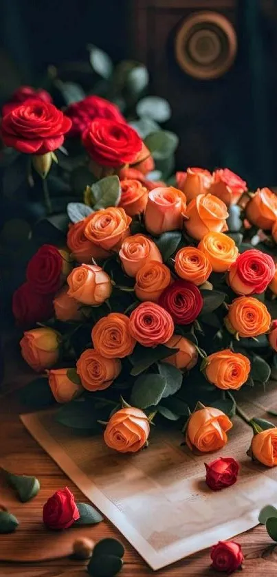 Vibrant red and orange roses on wooden table with candle.