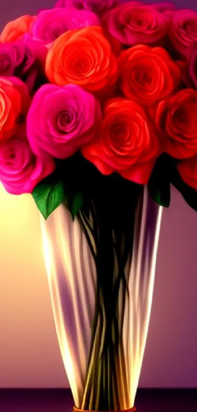 Vibrant bouquet of roses with glowing vase.