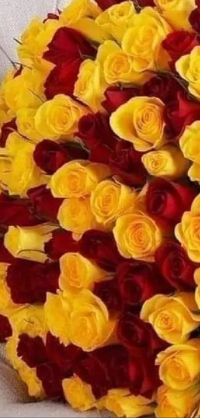 Bouquet of vivid yellow and red roses on a chair.