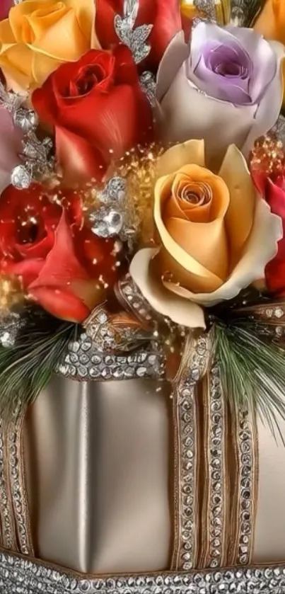 Vibrant bouquet of colorful roses in an elegant vase.