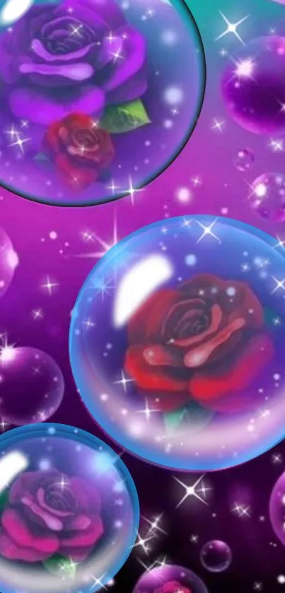 Vibrant wallpaper featuring roses encased in sparkling purple bubbles.