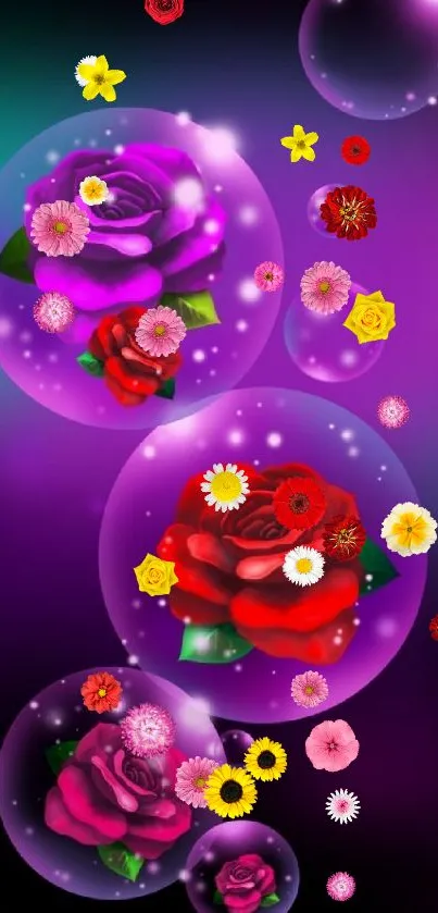 Vibrant roses encapsulated in glowing bubbles against a purple background wallpaper.