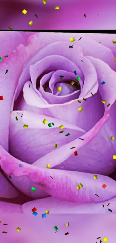 Purple rose with colorful confetti wallpaper.