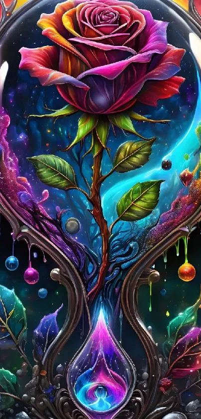 Vibrant cosmic wallpaper with a colorful rose and abstract elements.