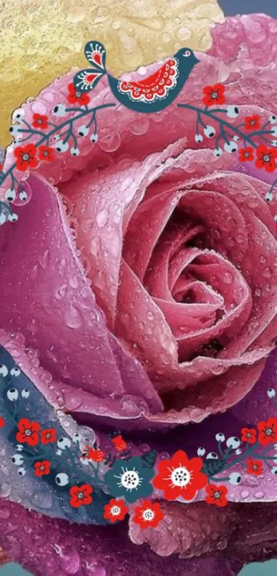 Dewy pink rose with vibrant decorative design.