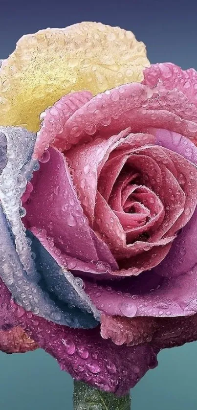 A vibrant rose with dew drops on petals against a gradient background.