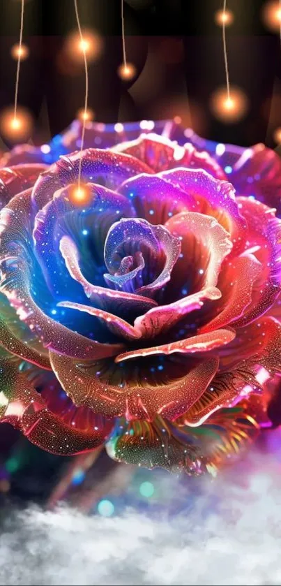 Vibrant rose fantasy wallpaper with glowing lights and colorful shades.