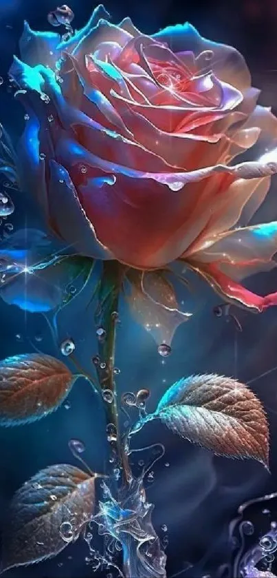 Vibrant fantasy rose with glowing effects and water droplets.