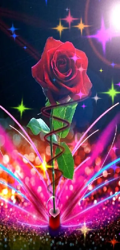 Vibrant digital wallpaper with a red rose and colorful abstract effects.