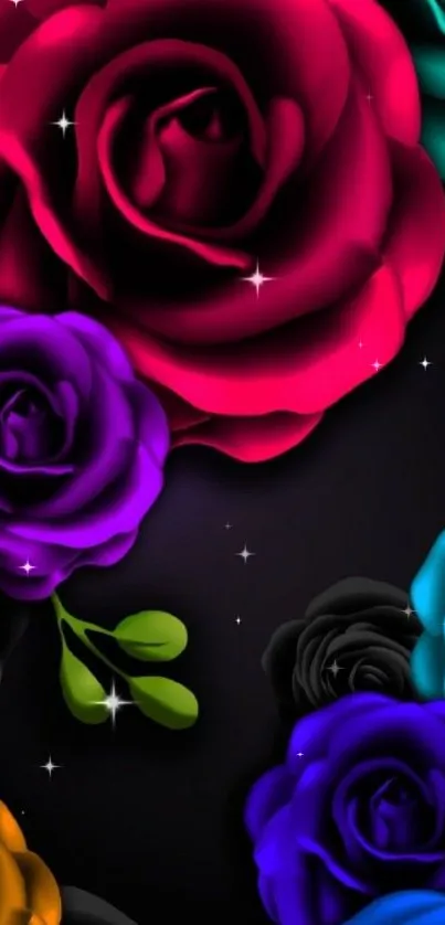 Vibrant colored roses on dark background.