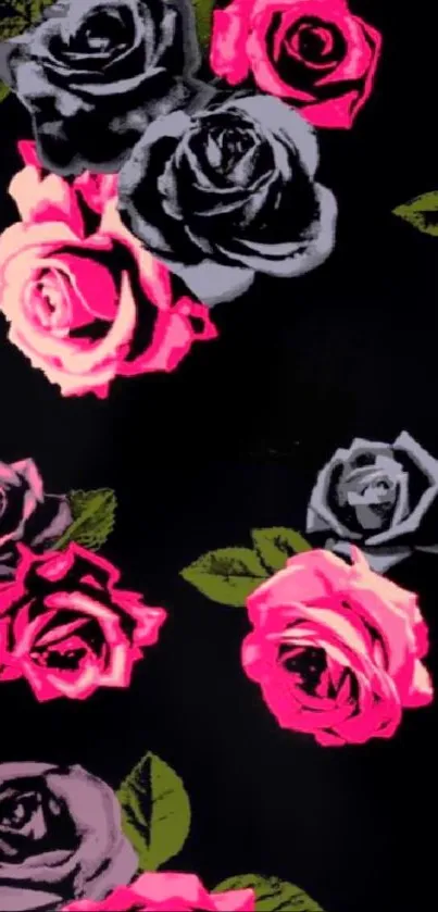 Vibrant floral wallpaper with pink and gray roses on a black background.