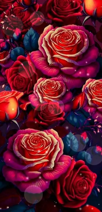 Vibrant floral wallpaper featuring red and pink blooming roses.