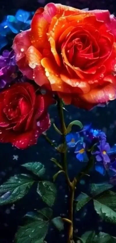 Vibrant roses and violets in artistic wallpaper.