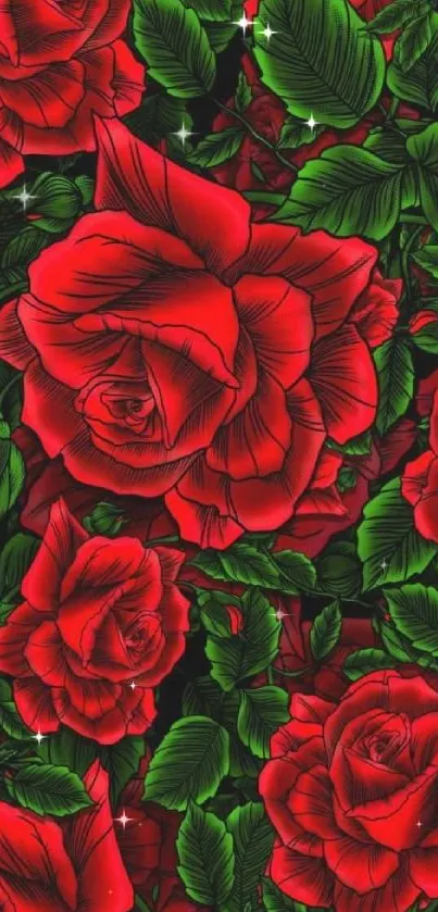 Vibrant red rose floral wallpaper with lush green leaves.