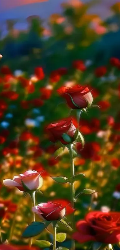 A vibrant, colorful garden with red roses in full bloom.