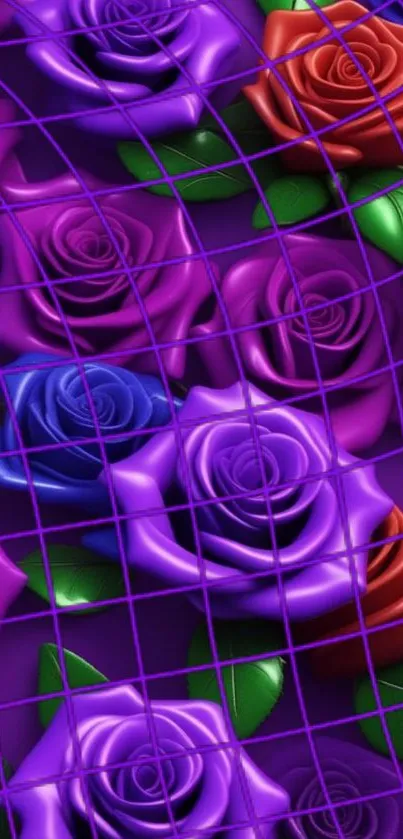 A vibrant wallpaper featuring colorful roses with a purple grid overlay.