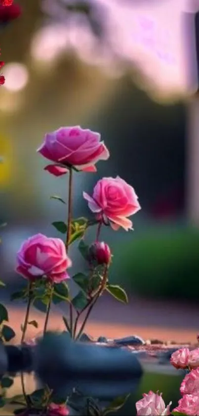 Blooming roses in a serene garden wallpaper