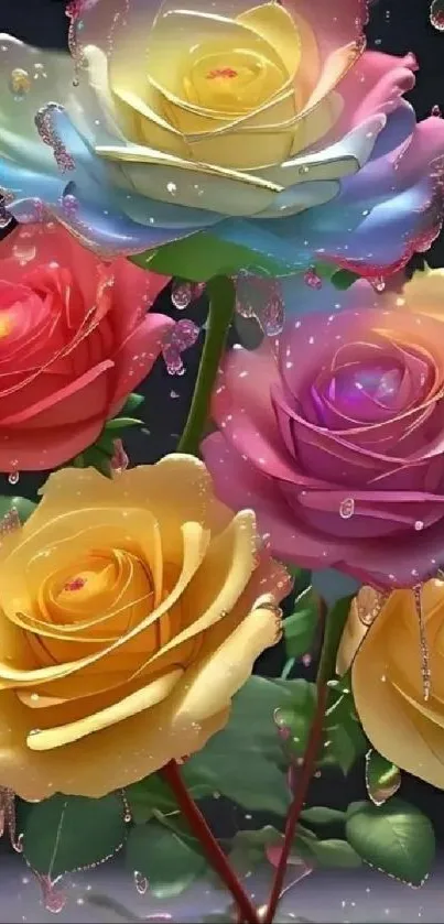 Vibrant multicolored roses with water droplets.