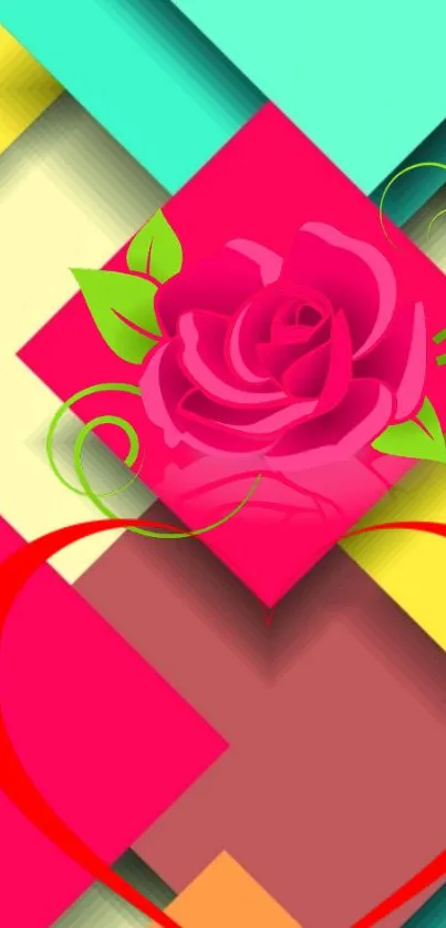 Colorful geometric wallpaper with a pink rose.