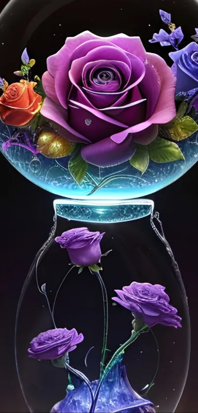 Colorful roses encased in a glowing glass globe with a dark background.