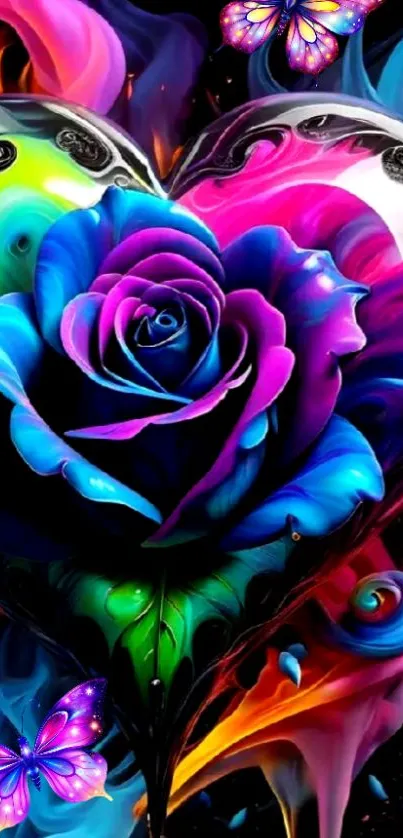 Colorful rose heart with butterflies wallpaper.