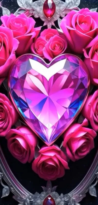 Heart-shaped gem surrounded by vibrant pink roses.