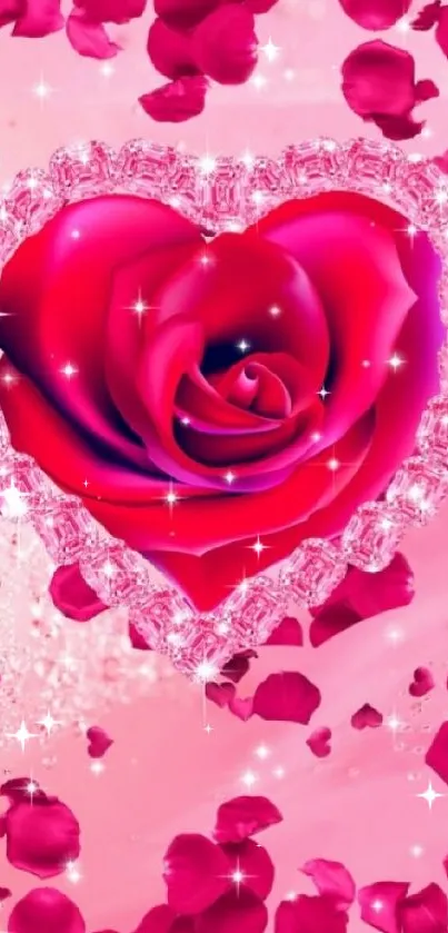 Vibrant red rose heart with sparkling pink petals.