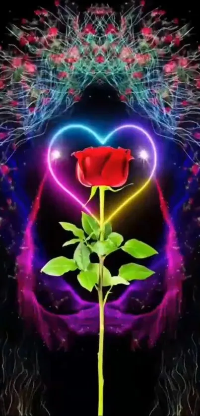 Vibrant red rose with colorful heart