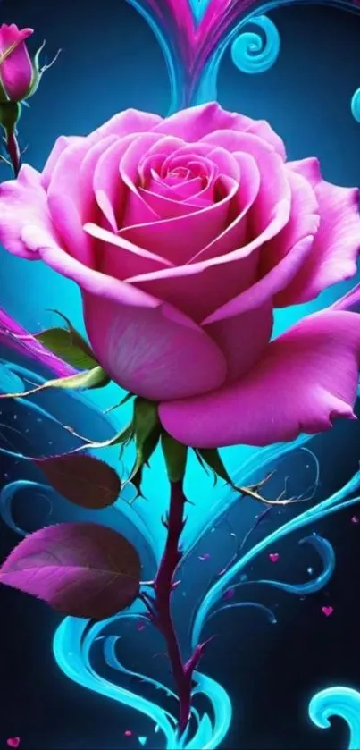 Vibrant pink rose with heart vines and blue accents.