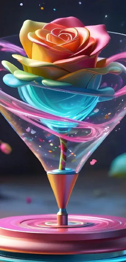 Colorful rose inside a glass with vibrant hues and artistic design.