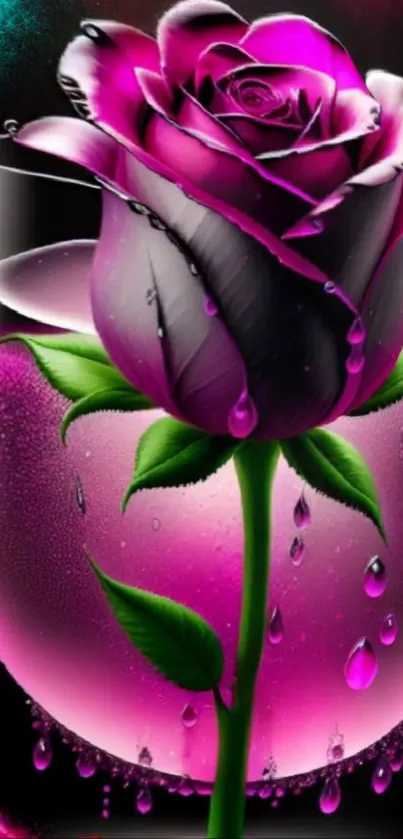 Digital art of a vibrant purple rose in a glass.
