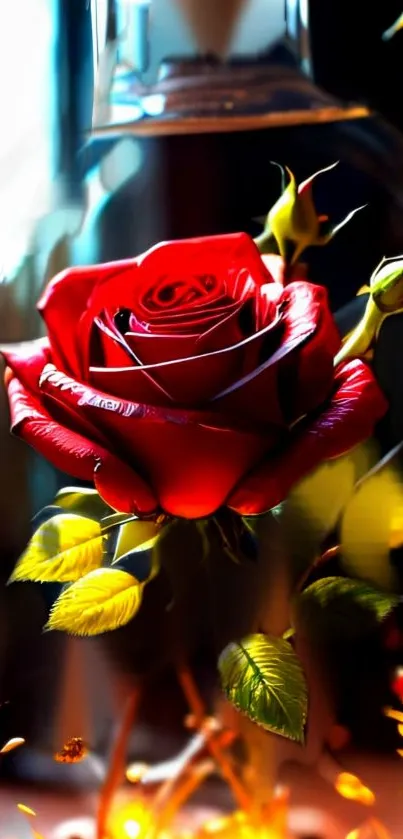 Vibrant red rose encased in glass with artistic lighting effects.